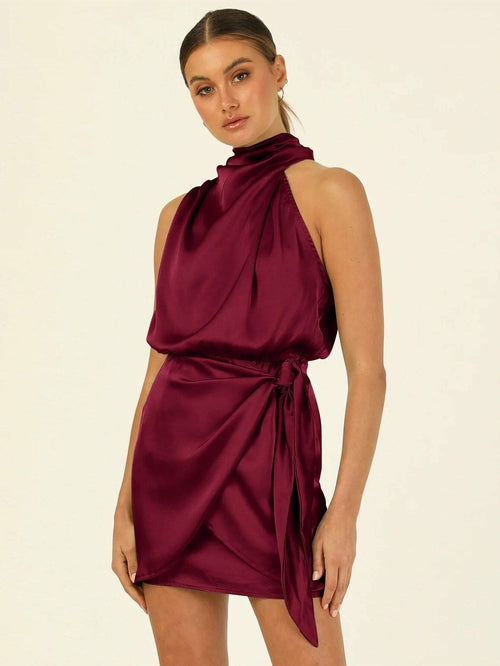 One Shoulder Turtleneck Tank Satin Party Dress