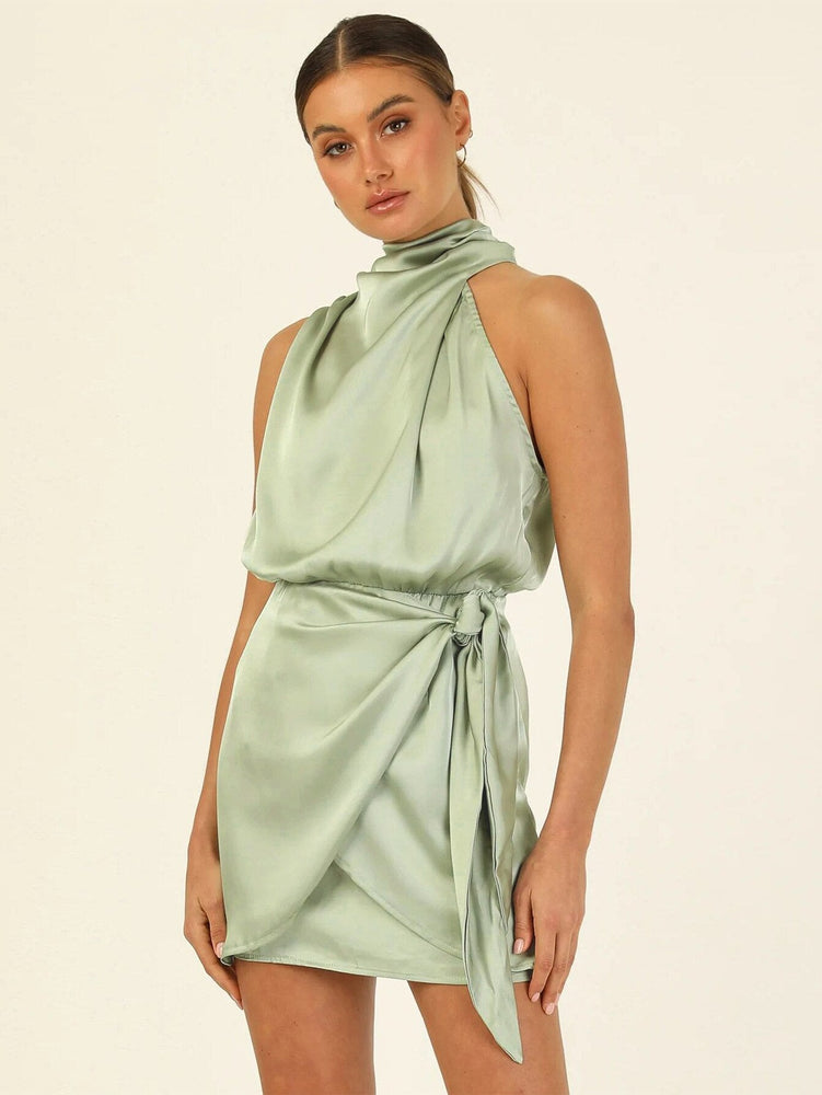 One Shoulder Turtleneck Tank Satin Party Dress